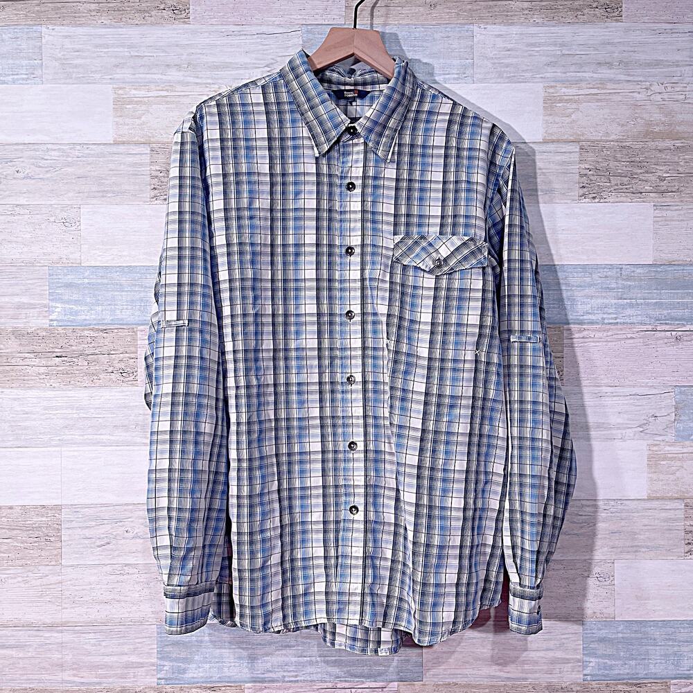 ROYAL ROBBINS Desert Pucker Dry Long Sleeve Shirt Blue Gray Plaid Mens Large